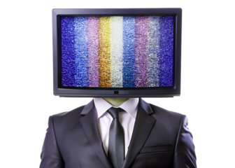 Man with television screen for a head displaying color bars and static isolated on transparent background