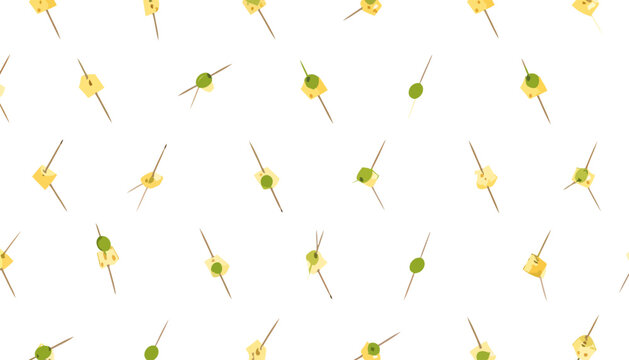 Illustrated seamless pattern of cheese cubes and green olives on wooden toothpicks.