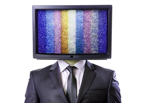 Man with television screen for a head displaying color bars and static isolated on transparent background