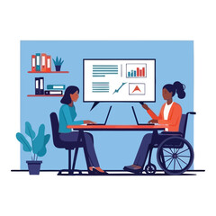 A diverse group of businesspeople are working together at an office meeting table, collaborating on a presentation with a laptop and board