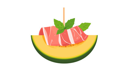 A fresh cantaloupe melon slice with folded prosciutto ham, garnished with basil on a skewer.