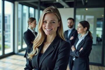 Obraz premium Bird's eye view of corporate recruiters gathering around a woman in a sleek office with glass walls.