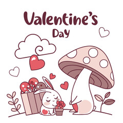 Whimsical Bunny feeling Grumpy in a Valentine's Day setting with under a mushroom – colored in Valentine Blush