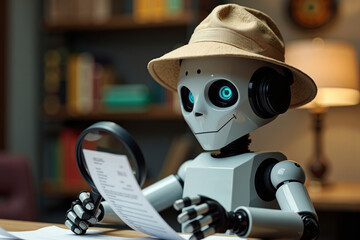 Image of a robot in detective attire analyzing an invoice with a confused look on its face