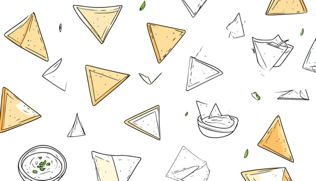 Hand-drawn pattern of yellow tortilla chips and dip, a mix of colored and black and white sketch illustrations.