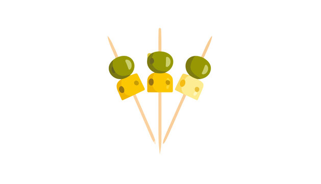 Trio of appetizer skewers with green olives and assorted cheese cubes in a flat vector style.