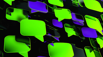 Colorful speech bubbles in bright green and purple float randomly in a dark environment, representing energetic conversations and the vibrancy of communication. Copy space