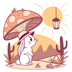 Vector illustration of a Excited Bunny with under a mushroom, styled in a Desert sunset theme using Sundown Glow colors