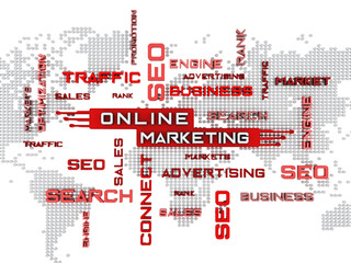 Online marketing crossword with world map on transparent background. 3D illustration