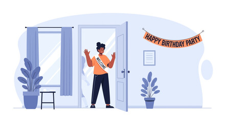 Enthusiastic Greeter Welcomes Guests Into Celebration For a Birthday Party