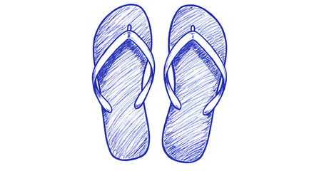 Blue ballpoint pen doodle flip-flops top view summer shoes, hand-drawn sketch isolated on white for design projects

