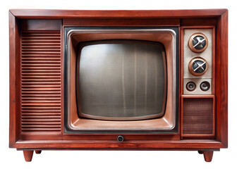 An antique television with a wooden cabinet and visible speaker grills isolated on transparent background