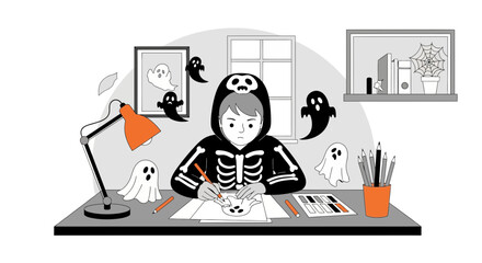 Boy Drawing Halloween Ghost Wearing Skeleton Costume on Desk at Home
