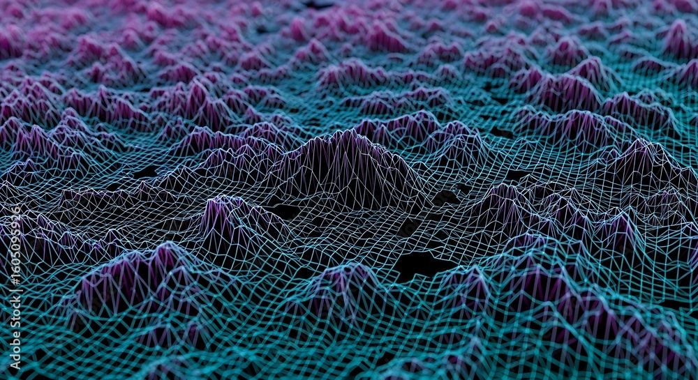 Fototapete wireframe landscape with peaks and valleys in purple and teal gradient with black background