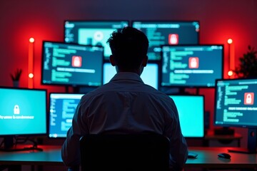 Cybersecurity Expert in Action: A Photoshoot Capturing Ransomware Messages on Surrounding Computer Screens with Privacy Breach Deadline Countdown