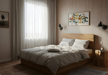 Cozy bedroom with wooden accents and floral art interior