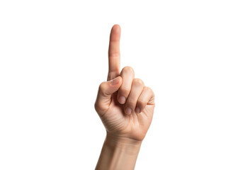 Hand with index finger pointing up, number one gesture. Isolated on transparent background, png