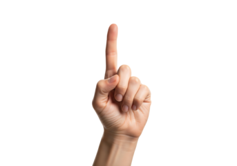 Hand with index finger pointing up, number one gesture. Isolated on transparent background, png
