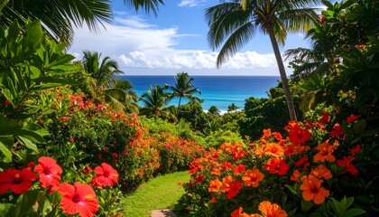 Fototapeta premium Lush tropical garden meets ocean view
