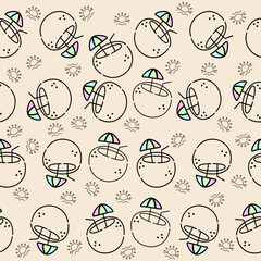 Seamless summer pattern with coconut drinks, mini umbrellas, and sun icons on a soft pastel peach background. Bright tropical vibe ideal for summer products, vacation themes, and beach-inspired design