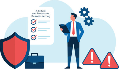 Businessman with task checklist clipboard, shield and gear icons, warning signs, cloud backdrop, productivity and security concept illustration design