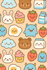 A repeating pattern of cute cartoon illustrations featuring a bear, bunny, strawberry, cupcake, cloud, egg, milk carton, and a small blue monster.