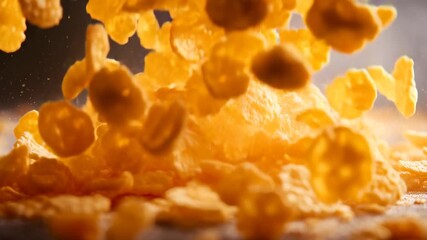 Golden cornflakes falling in slow motion onto a pile, creating a dynamic and appetizing close-up scene - Powered by Adobe