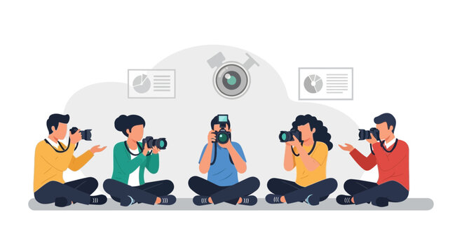 Diverse Group Of Photographers Capturing Images In A Studio Setting Illustration