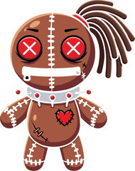 Cartoon voodoo doll with stitched body, red pins, heart patch, spiked collar, zipper mouth, spooky character illustration design