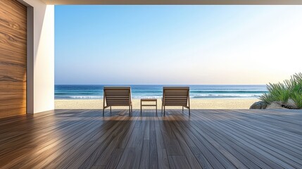 Beachfront deck with wooden loungers and ocean view.
