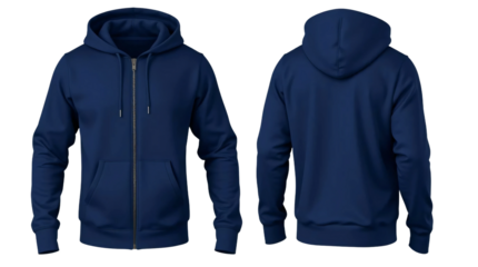 Navy blue hoodie with zipper in front and back view, mockup isolated on transparent background