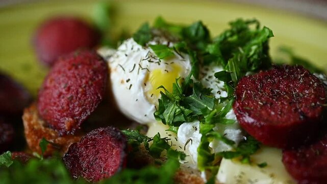 Morning breakfast featuring poached eggs nestled on crispy toasted bread, garnished with melted cheese, spicy sucuk, and fresh parsley and dill, presenting rich, flavorful gourmet nutrition
