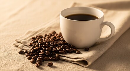 A white cup of black coffee with coffee beans on a beige linen cloth in a well lit environment