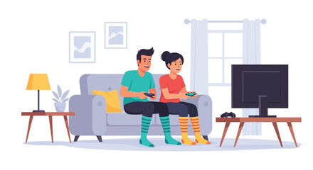 Fototapeta premium Couple Playing Videogames At Home, Having Fun And Relaxing Together