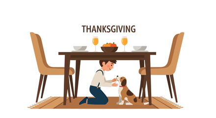 Boy Petting His Dog Under Table During Thanksgiving Dinner Celebration