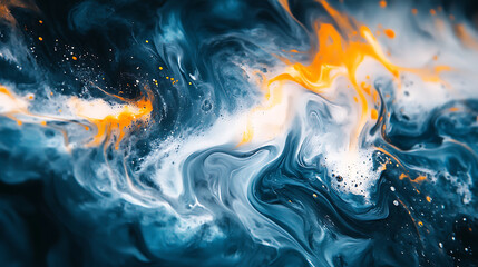 Abstract paint swirl with blue, white, and orange colors mixing fluidly, creating dynamic movement and vibrant contrast in composition