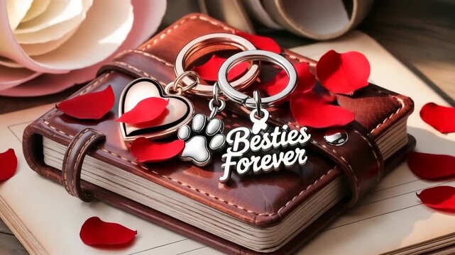 Besties forever heart keychains resting on a leather-bound journal with red petals falling around them