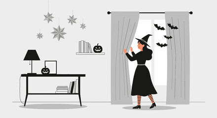 Eerie Evening Awaits Witch Behind Curtains In Monochrome Home Decor