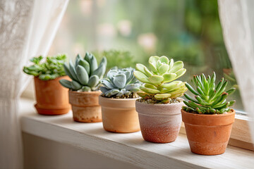 Fototapeta premium Collection of succulent plants in terracotta pots on windowsill with natural light, modern home gardening and interior decoration concept for wellness living 