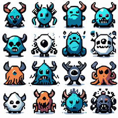 One blue monster in 12 themed costumes (pirate, wizard, etc).	