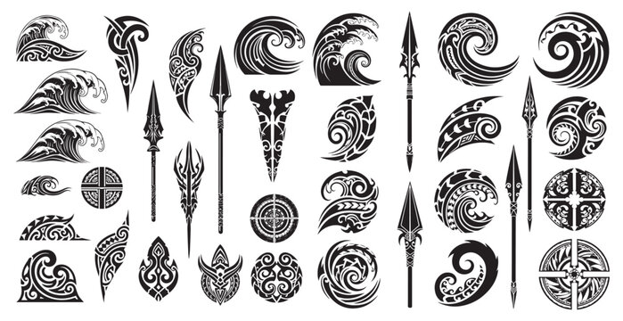 Collection of tribal maori inspired tattoo designs and ancient polynesian spear weapon motifs in black ink on white background