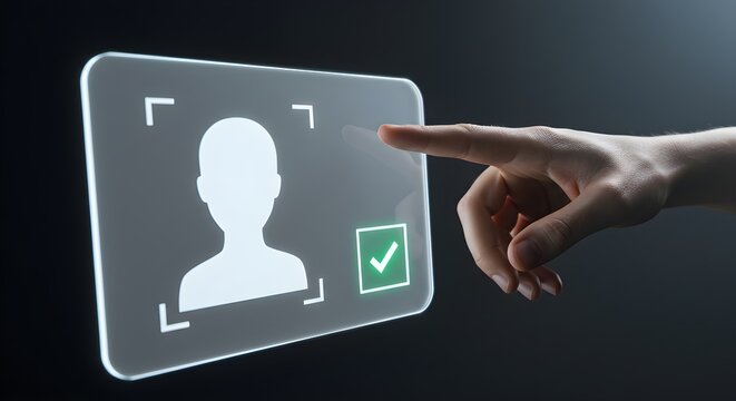 Close-up of hand scanning a floating biometric ID panel with user photo silhouette and approval checkmark, clean white interface - Powered by Adobe