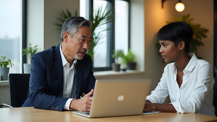 Manager giving feedback to an employee in a corporate office
