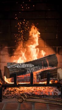 Burning fireplace with flames and glowing embers for warmth and relaxation