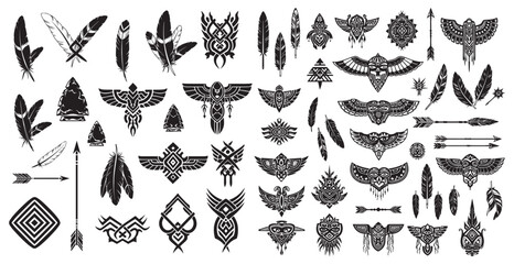 Collection of tribal feather and arrow motifs with intricate geometric patterns and abstract designs for tattoo and graphic art