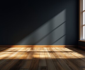 Minimalist empty interior with gray walls and wooden floor