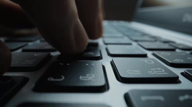 Time lapse close-up man typing on computer keyboard with fingers. Macro soft focus dolly shot. Computer programming, text chat online messaging and online marketing business hyperlapse concept. Glean