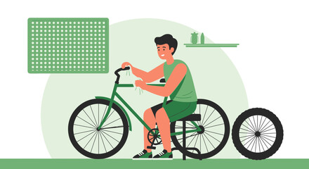 Obraz premium Boy Repairing His Bicycle At Home For Relaxing Leisurely Activity