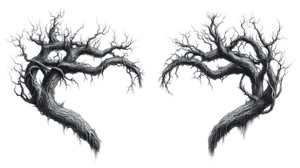 Two symmetrical, gnarled tree branches against a white background