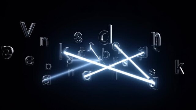 Decoding the Digital Web: Illuminated laser beams connect floating letters, illuminating the intricate connections of the digital world, evoking a sense of mystery and technological innovation.
